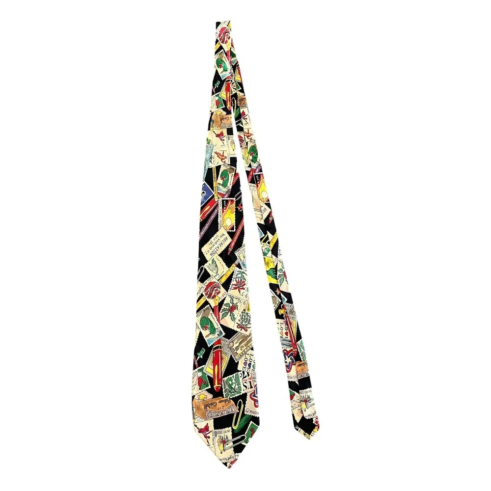 NICOLE MILLER VINTAGE 90s Novelty Print US Postage Stamp Silk Tie